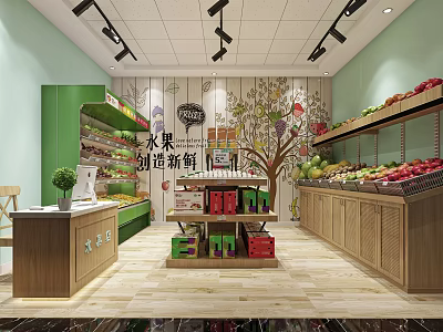 Modern Fruit Store Featuring Green Shelves Wooden Counter Bright Lighting And Various Fruits 3d model