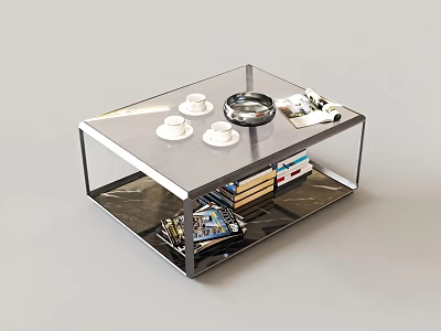 Modern Minimalist Glass Top Coffee Table With Metal Frame And Storage Shelf For Living Room 3d model