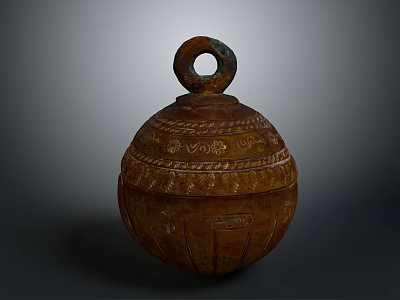 Ancient Bronze Bell With Ring Handle And Intricate Carved Decorative Patterns 3d model