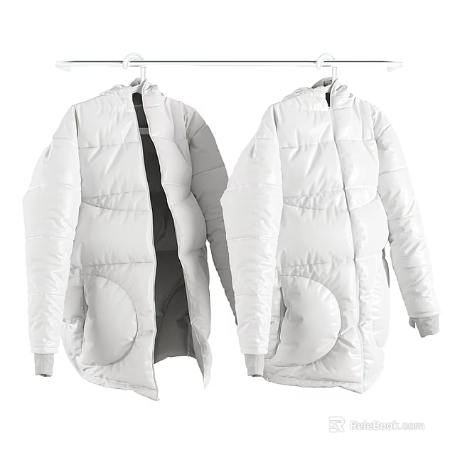Stylish Warm Reversible White Long Puffer Jacket With Quilted Design And Pockets 3d model