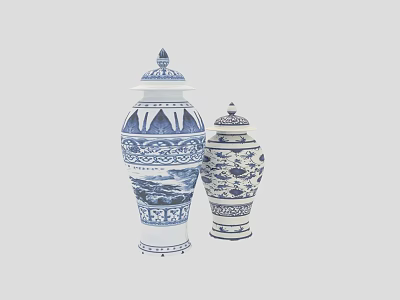 Traditional Blue and White Lidded Ceramic Vessels with Intricate Floral Patterns 3d model