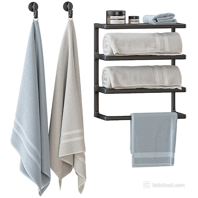 Soft Blue and Gray Towels Hanging and Folded on Bathroom Rack with Cotton Texture 3d model 