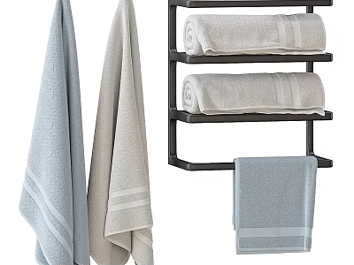 Soft Blue and Gray Towels Hanging and Folded on Bathroom Rack with Cotton Texture 3d model