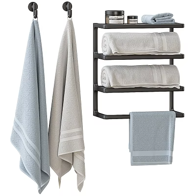 Soft Blue and Gray Towels Hanging and Folded on Bathroom Rack with Cotton Texture 3d model