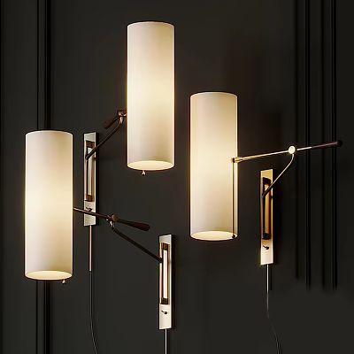Modern Stylish Wall Lamps With Metal Brackets And White Shades On Dark Wall 3d model