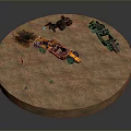 Circular Sand Platform With Damaged Orange And Brown Vehicles And Black Smoke