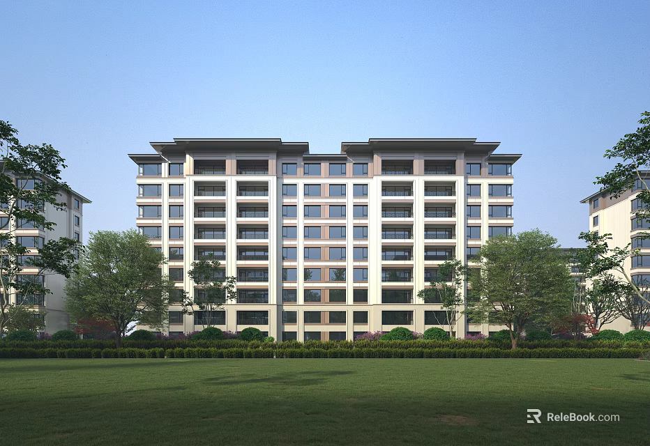 Modern Mid Rise Residential Building With Lawn Trees Balconies And Uniform Windows 3d model 