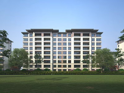 Modern Mid Rise Residential Building With Lawn Trees Balconies And Uniform Windows 3d model