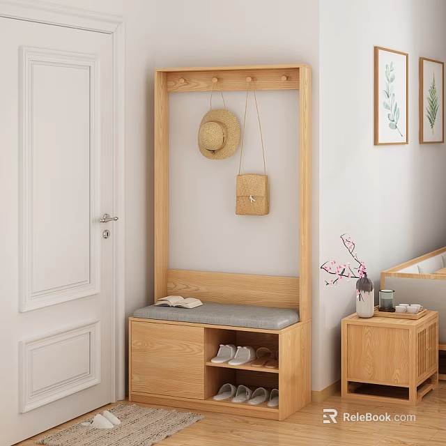 Minimalist Shoe Cabinet with Coat Hooks Bench Cushion and Open Shelves in Entryway 3d model 