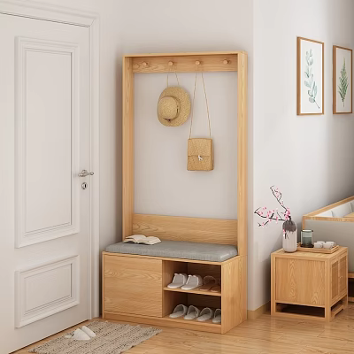 Minimalist Shoe Cabinet with Coat Hooks Bench Cushion and Open Shelves in Entryway 3d model
