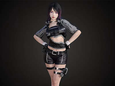 A Woman In Tactical Cropped Top Leather Shorts With Purple Short Hair And Gloves 3d model