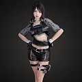 A Woman In Tactical Cropped Top Leather Shorts With Purple Short Hair And Gloves