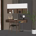 Modern Wooden Desk Interior With Bookshelf Books Clock Decorative Items And Upholstered Chair