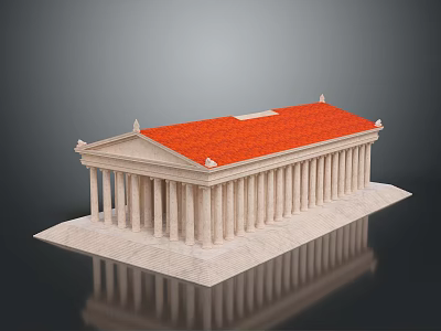 Cartoon Scene Featuring 3D Ancient Temple Model With Red Roof White Columns And Steps 3d model