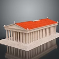 Cartoon Scene Featuring 3D Ancient Temple Model With Red Roof White Columns And Steps