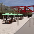 Modern Commercial Street With Red Pedestrian Bridges Green Roofs And Outdoor Seating