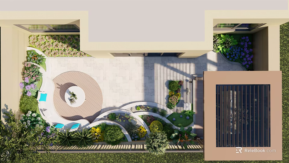 Courtyard Garden Design Featuring Stone Paving Circular Seating And Lush Flower Shrubs 3d model 