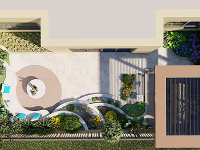 Courtyard Garden Design Featuring Stone Paving Circular Seating And Lush Flower Shrubs 3d model