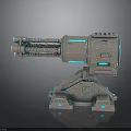Mechanical Metal Device With Blue Glowing Elements And Stable Base Structure