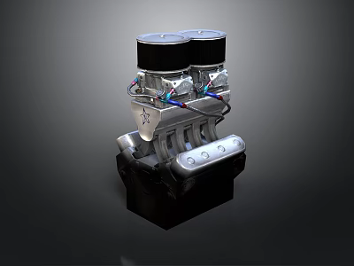 Twin Cylinder Engine Mechanical Model With Silver Body And Colored Wires 3d model