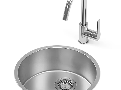 Stainless Steel Round Single Bowl Sink with Modern Faucet and Drain Design 3d model