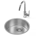 Stainless Steel Round Single Bowl Sink with Modern Faucet and Drain Design