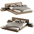 Modern Double Bed With Wooden Frame Minimalist Headboard And Gray Bedding