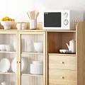Wooden Sideboard with Glass Doors Dishes Microwave Decor and Potted Plant in Minimalist Style