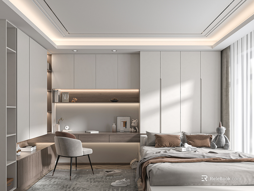 Modern Tatami Bedroom Interior With White Cabinets Desk Chair And Pillows 3d model 