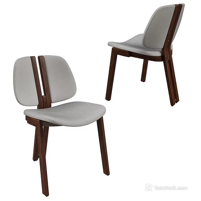 Modern Wooden Dining Chairs With Split Backrest And Gray Linen Upholstered Seat 3d model