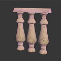 Ornate Crackled Stone Balustrade with Three Decorative Columns Smooth Top and Dark Reflective Surface