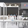 Modern Exhibition Booth With SUNRISE Logo Workstations People And Display Area