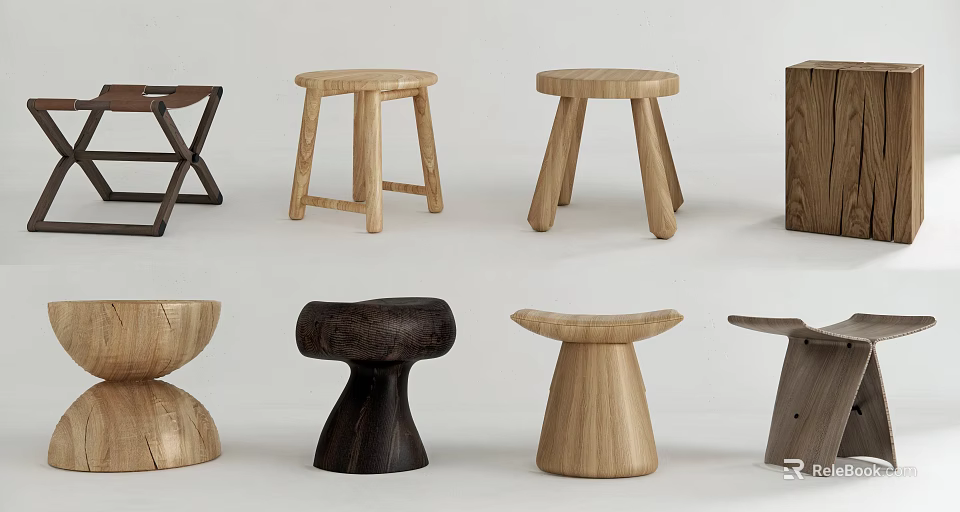 Various Wooden Stools With Different Designs And Unique Shapes For Home Use 3d model