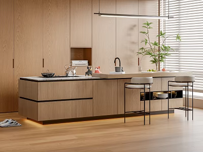 Modern Kitchen Interior With Wooden Cabinets Island Counter Bar Stools And Green Plant 3d model