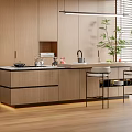 Modern Kitchen Interior With Wooden Cabinets Island Counter Bar Stools And Green Plant