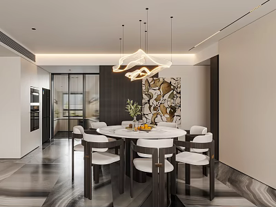 Modern Restaurant Interior Design With Round Dining Table White Chairs Pendant Lights And Decorative Wall Art 3d model