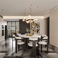 Modern Restaurant Interior Design With Round Dining Table White Chairs Pendant Lights And Decorative Wall Art