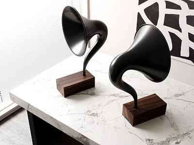 Modern Black Horn Shaped Speakers With Wooden Bases On Marble Tabletop 3d model