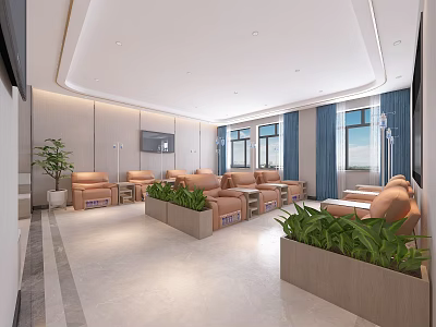 Modern Waiting Area Interior With Comfortable Sofas Green Plants Wall TV And Large Windows 3d model