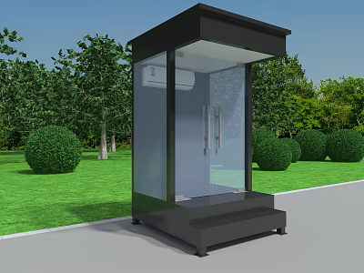 Black Glass Security Booth on Green Lawn with Trees and Bushes by Roadside 3d model