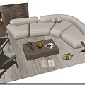 L shaped Beige Sofa and Wooden Coffee Table Set with Accent Chairs Floor Lamp Fruits and Open Book