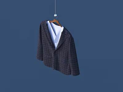 Dark Plaid Suit Jacket Hanging On Wooden Hanger With White Shirt Against Blue Background 3d model