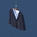 Dark Plaid Suit Jacket Hanging On Wooden Hanger With White Shirt Against Blue Background