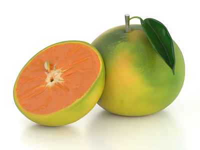 Fresh Green And Yellow Pomelo With Half Cut Showing Orange Flesh And Green Leaf 3d model Fresh Green And Yellow Pomelo With Half Cut Showing Orange Flesh And Green Leaf 3d model