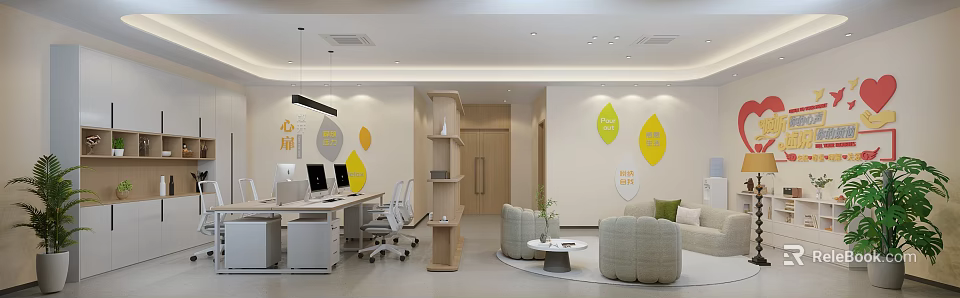 Modern Bright Office Interior With Work Desks Computers Sofa Area Green Plants And Wall Decorations 3d model