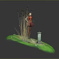 Red Clothed Woman Standing Near Reed Plants On Green Grass Island With Stone Monument