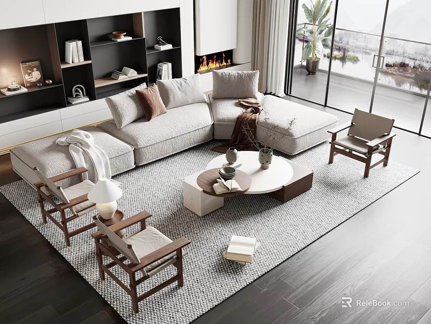 Modern Cozy Living Room Interior Featuring Light Gray L-shaped Sofa and Round Coffee Table Set 3d model 