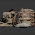 Ancient Carriage Components 3D Model With Wooden Crates Wheels Cloths And Scrolls
