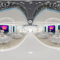 Luxurious Banquet Hall Interior With Crystal Chandeliers White Tables And Stage