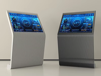 Public Facility Interactive Information Kiosks With Silver Black Design And Blue Digital Displays 3d model